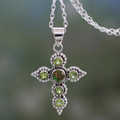 Peridot cross necklace, 'Divine Harmony' - Artisan Crafted Peridot and Sterling Silver Cross Necklace
