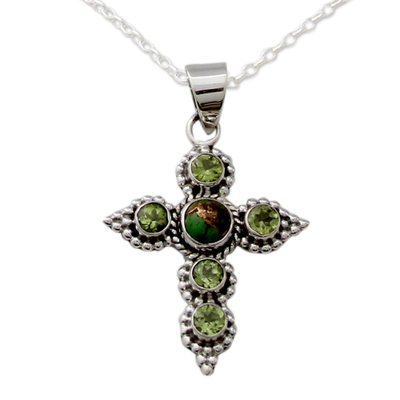 Peridot-Kreuz-Halskette - Von Hand gefertigte Kreuzkette aus Peridot und Sterlingsilber