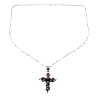 collar cruz amatista - Collar de cruz artesanal de amatista y plata de ley