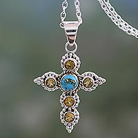 Citrine cross necklace, 'Divine Harmony' - Artisan Crafted Citrine and Silver Cross Pendant Necklace