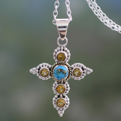 Citrine cross necklace, 'Divine Harmony' - Artisan Crafted Citrine and Silver Cross Pendant Necklace
