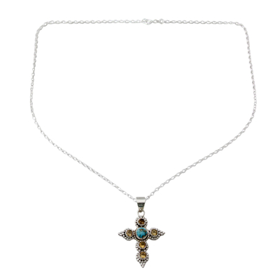 Artisan Crafted Citrine and Silver Cross Pendant Necklace