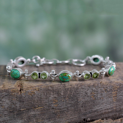 Peridot link bracelet, 'Green Glow' - Peridot and Reconstituted Turquoise Silver Link Bracelet