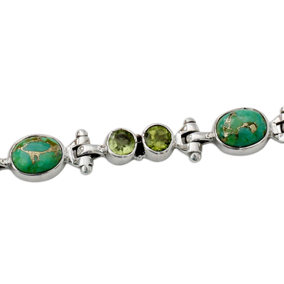 Peridot link bracelet, 'Green Glow' - Peridot and Reconstituted Turquoise Silver Link Bracelet