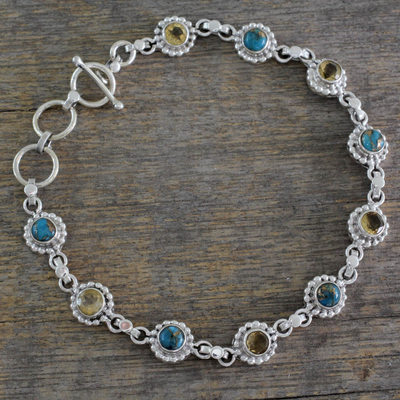 Citrine link bracelet, 'Petite Flowers' - Indian Sterling Silver Jewelry with Citrine and Turquoise