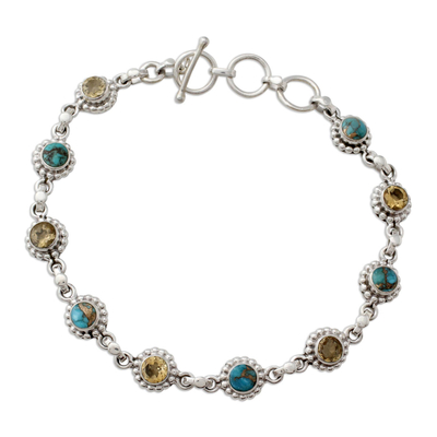 Citrine link bracelet, 'Petite Flowers' - Indian Sterling Silver Jewellery with Citrine and Turquoise