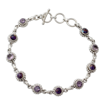 Amethyst link bracelet, 'Petite Flowers' - Amethyst Sterling Silver and Composite Turquoise Bracelet