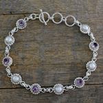 Cultured pearl and amethyst link bracelet, 'Petite Flowers' - Sterling Silver Amethyst and Cultured Pearl Bracelet