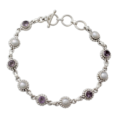 Cultured pearl and amethyst link bracelet, 'Petite Flowers' - Sterling Silver Amethyst and Cultured Pearl Bracelet