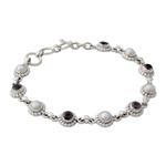 Cultured pearl and amethyst link bracelet, 'Petite Flowers' - Sterling Silver Amethyst and Cultured Pearl Bracelet