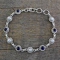 Cultured pearl and lapis lazuli link bracelet, 'Petite Flowers' - Cultured Pearl Floral Bracelet in Silver with Lapis Lazuli