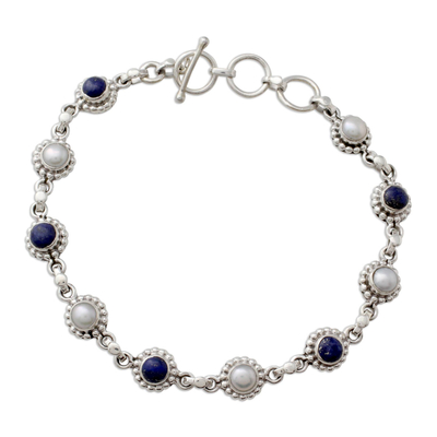 Cultured Pearl Floral Bracelet in Silver with Lapis Lazuli