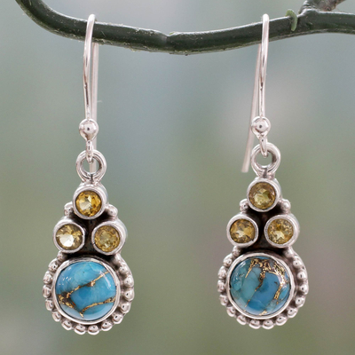Citrine dangle earrings, 'Petite Flowers' - Indian Sterling Silver Earrings with Citrine and Turquoise