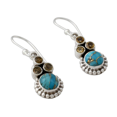 Citrine dangle earrings, 'Petite Flowers' - Indian Sterling Silver Earrings with Citrine and Turquoise