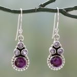 Amethyst dangle earrings, 'Petite Flowers' - Amethyst Sterling Silver Earrings with Composite Turquoise