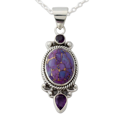 Amethyst pendant necklace, 'Resplendent in Purple' - Purple Turquoise and Amethyst Pendant Necklace from India