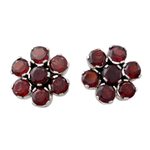 Garnet button earrings, 'Romantic Blossom' - Artisan Crafted Floral Button Earrings with Garnet