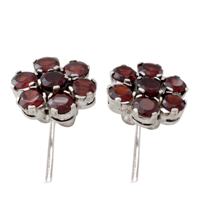 Garnet button earrings, 'Romantic Blossom' - Artisan Crafted Floral Button Earrings with Garnet