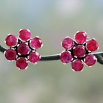 Agate button earrings, 'Magenta Blossom' - Handmade Agate and Sterling Silver Floral Button Earrings