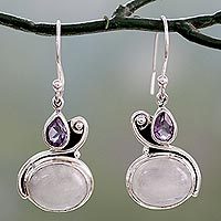 Moonstone and amethyst dangle earrings, 'Glistening Beauty' - Hand Crafted Moonstone and Amethyst Dangle Earrings