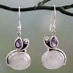 Moonstone and amethyst dangle earrings, 'Glistening Beauty' - Hand Crafted Moonstone and Amethyst Dangle Earrings