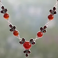 Garnet and carnelian pendant necklace, 'Rosy Blossom'