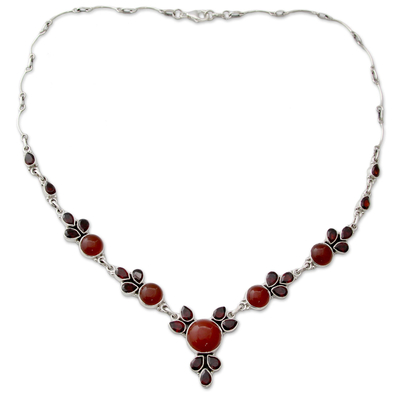 Halskette mit Anhänger aus Granat und Karneol - Handgefertigte Halskette aus Karneol und Granat aus Sterlingsilber