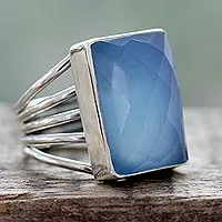 Chalcedony cocktail ring, 'Sky Reflection' - Artisan Crafted Chalcedony and Sterling Silver Cocktail Ring