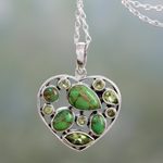 Peridot pendant necklace, 'Green Jaipuri Heart' - Handmade Peridot and Sterling Silver Green Heart Necklace