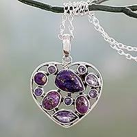 Collar colgante de amatista, 'Lilac Jaipuri Heart' - Collar de corazón de plata de ley y amatista hecho a mano