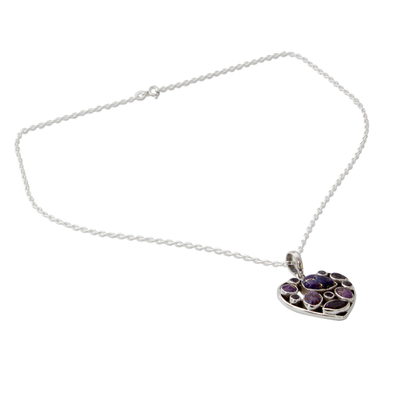 Amethyst pendant necklace, 'Lilac Jaipuri Heart' - Hand Crafted Amethyst and Sterling Silver Heart Necklace