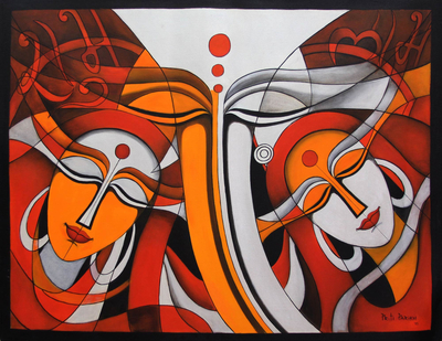 'Familia Ganesha' - Pintura original acrílica sobre lienzo de Ganesha en rojo anaranjado