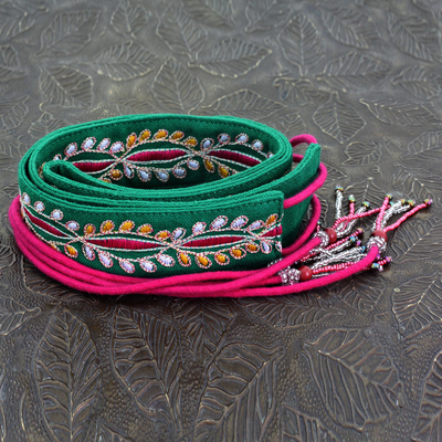 Beaded cotton tie belt, Emerald Glamour
