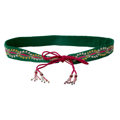 Embroidered Cotton Tie Belt with Hand Beaded Tassels