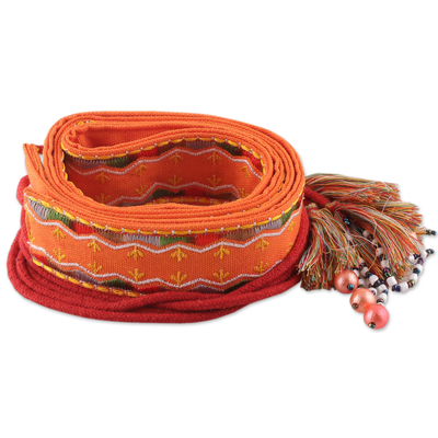 Embroidered cotton belt, 'Tangerine Tassels' - Rayon Embroidered Orange and Red Cotton Belt with Tassels