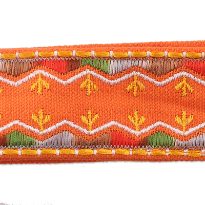 Beaded cotton tie belt, 'Trendy Tangerine' - Orange Embroidered Cotton Tie Belt with Tassels and Beads