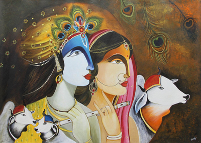 'Music of Life' - Original Indian Acrylic Portrait of Lord Krishna and Radha