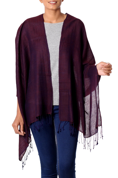 Silk and wool shawl, 'Rich Burgundy' - Artisan Crafted Wool and Silk Shawl with Fringe from India