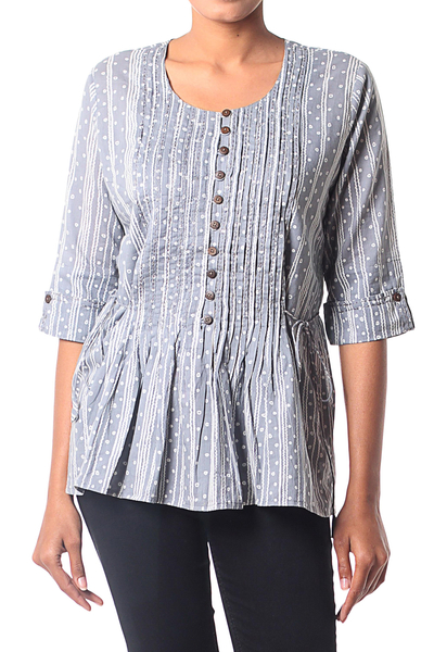 Cotton blouse, 'Dancing Bubbles in Grey' - Artisan Crafted 100% Cotton Blouse in Grey and White