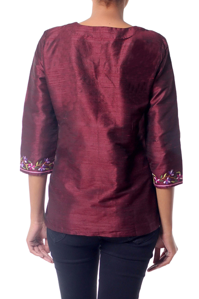 Silk tunic, 'Classy Wine' - Artisan Crafted Embroidered 100% Silk Tunic