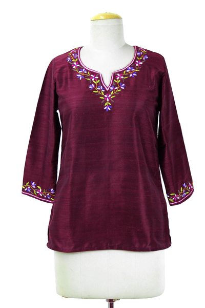 Silk tunic, 'Classy Wine' - Artisan Crafted Embroidered 100% Silk Tunic