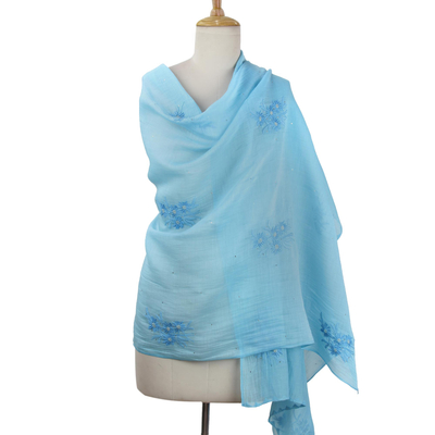 Chal de mezcla de algodón y seda - Chal de mezcla de algodón y seda bordado Chikan en azul