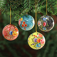 Papier mache ornaments, 'Kashmir Valley' (set of 4) - Hand Painted Multicolored Floral Ornaments (Set of 4)