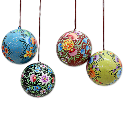 Papier mache ornaments, 'Floral Beauty' (set of 4) - Hand Painted Multicolored Floral Ornaments (Set of 4)