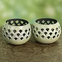 Steel tealight holders, 'Green Jali Lattice' (pair) - Green Steel Lattice Tealight Candleholders (Pair)