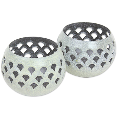Steel tealight holders, 'Green Jali Lattice' (pair) - Green Steel Lattice Tealight Candleholders (Pair)