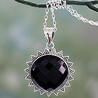 Onyx pendant necklace, 'Black Sun Halo' - Indian Traditional Onyx and Sterling Silver Sun Necklace