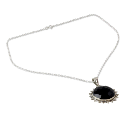 Onyx pendant necklace, 'Black Sun Halo' - Indian Traditional Onyx and Sterling Silver Sun Necklace