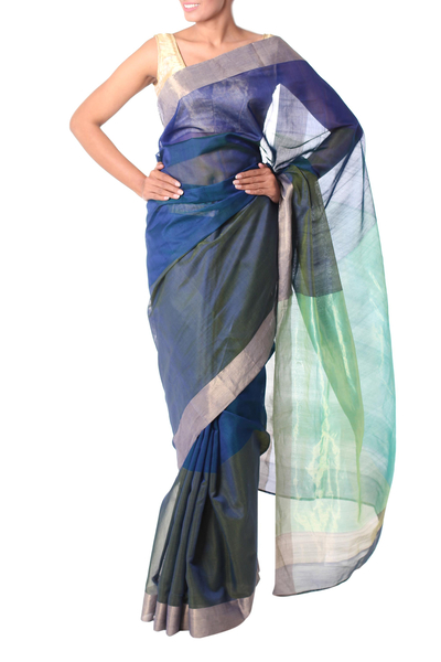 Golden Trim Handwoven Blue and Green Silk Blend Sari