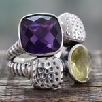 Amethyst and lemon quartz cocktail ring, 'Sparkling Temptation' - Handmade Amethyst and Lemon Quartz Sterling Silver Ring